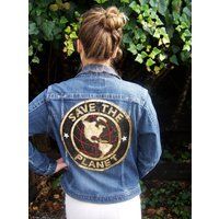 Denim Jacket Save The Planet Blue Jean Eco Statement Upcycled Clothing Women M | Etsy (US)