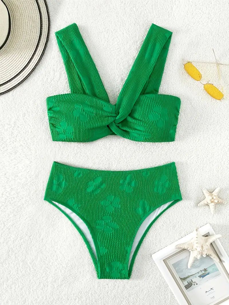 Flower Textured Fabric Twist Bikini High Stretch Plain Green - Temu | Temu Affiliate Program