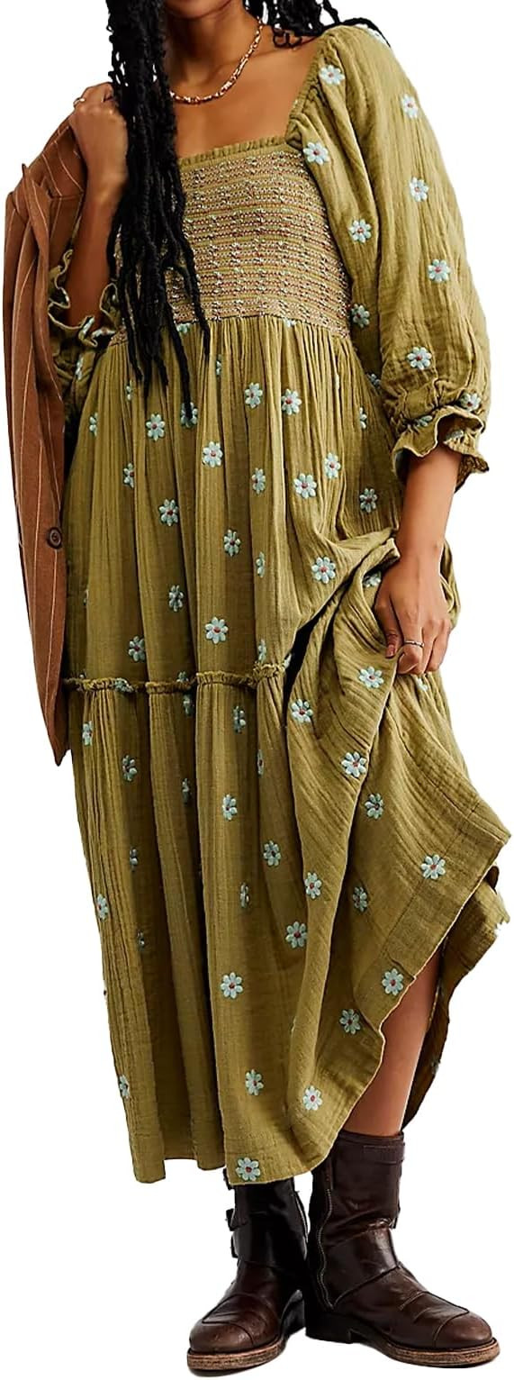 Floral Embroidered Maxi Dress, Long Puff Sleeve, Square Neck Bohemian Flowy Dress | Amazon (US)