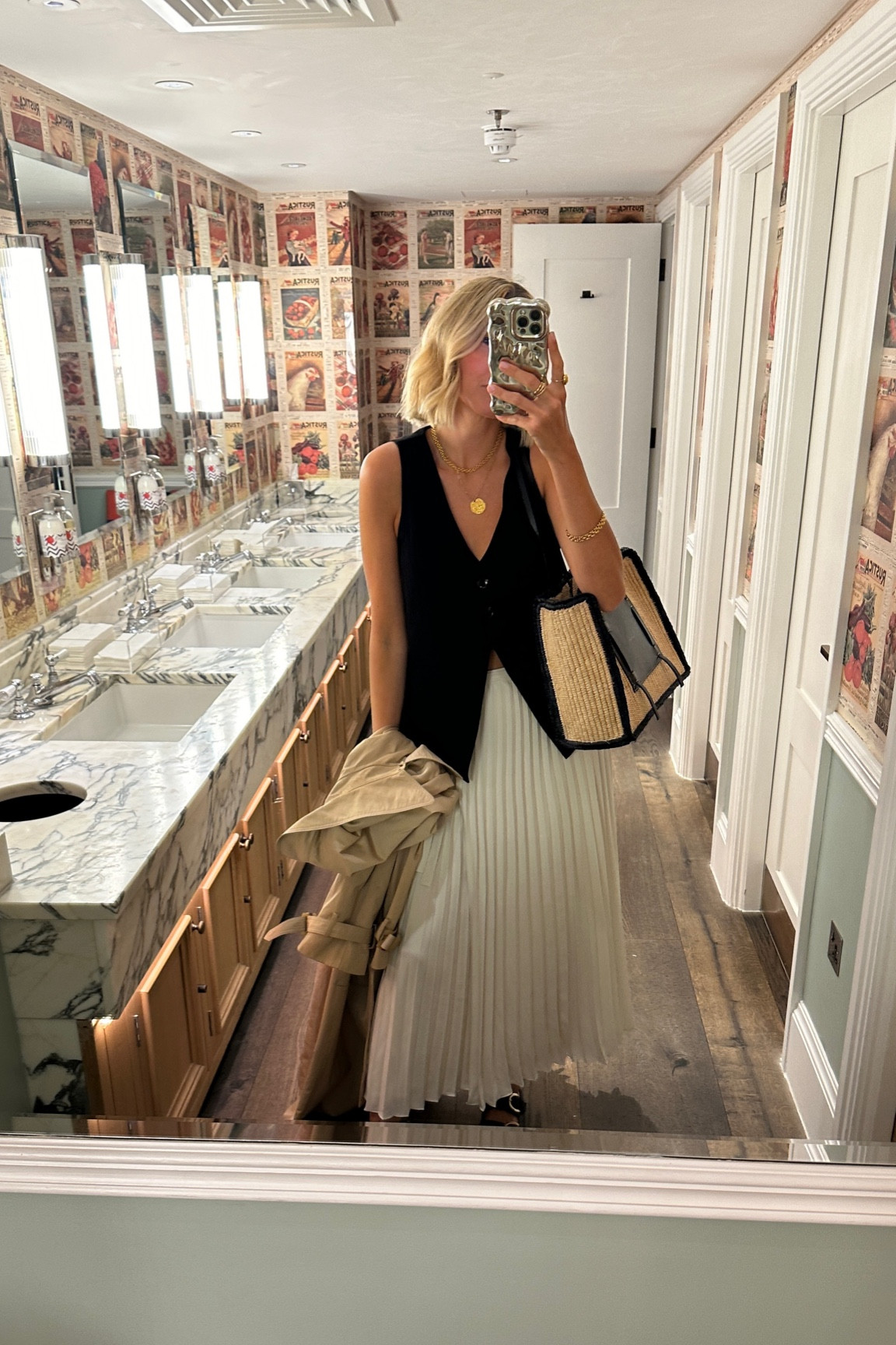 Summer outfit, white maxi midi skirt, black waistcoat, basket bag 

#LTKeurope #LTKuk #LTKsummer