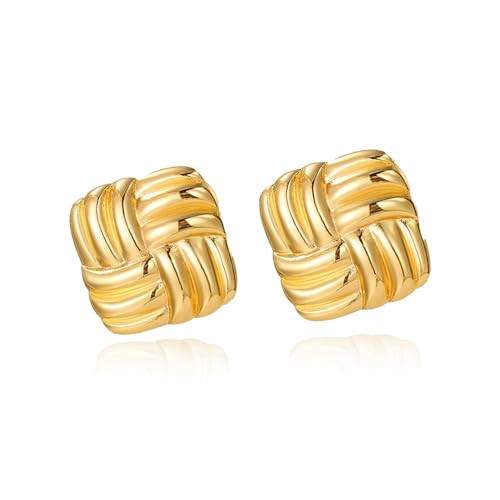 18K Gold Earrings for Women - Titanium Chunky Square Stud Earrings Vintage Statement Trendy Jewelry for Work, Party & Everyday Use (Gold) | Amazon (US)