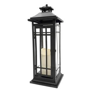 LUMABASE 17 in. Black Window Battery Operated Metal Lantern with LED Candle 88901 - The Home Depo... | The Home Depot