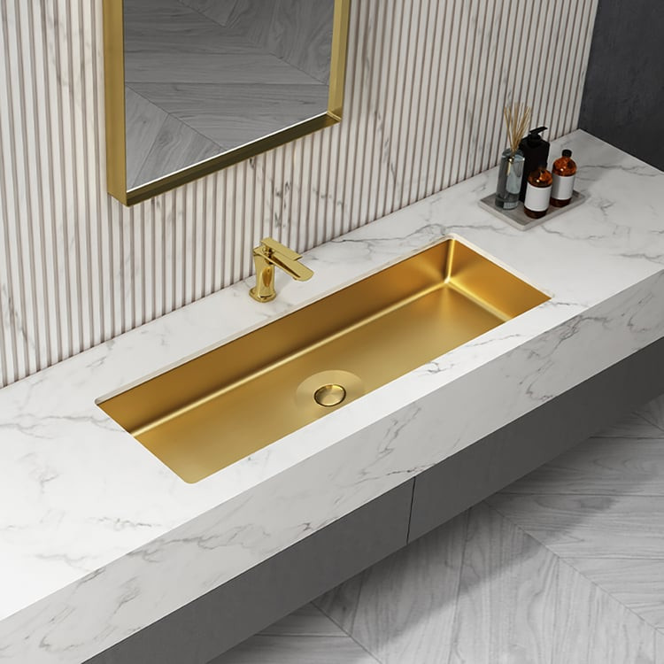 42" Undermount Bathroom Sink Rectangular Stainless Steel Luxury with Drain Brushed Gold | Homary