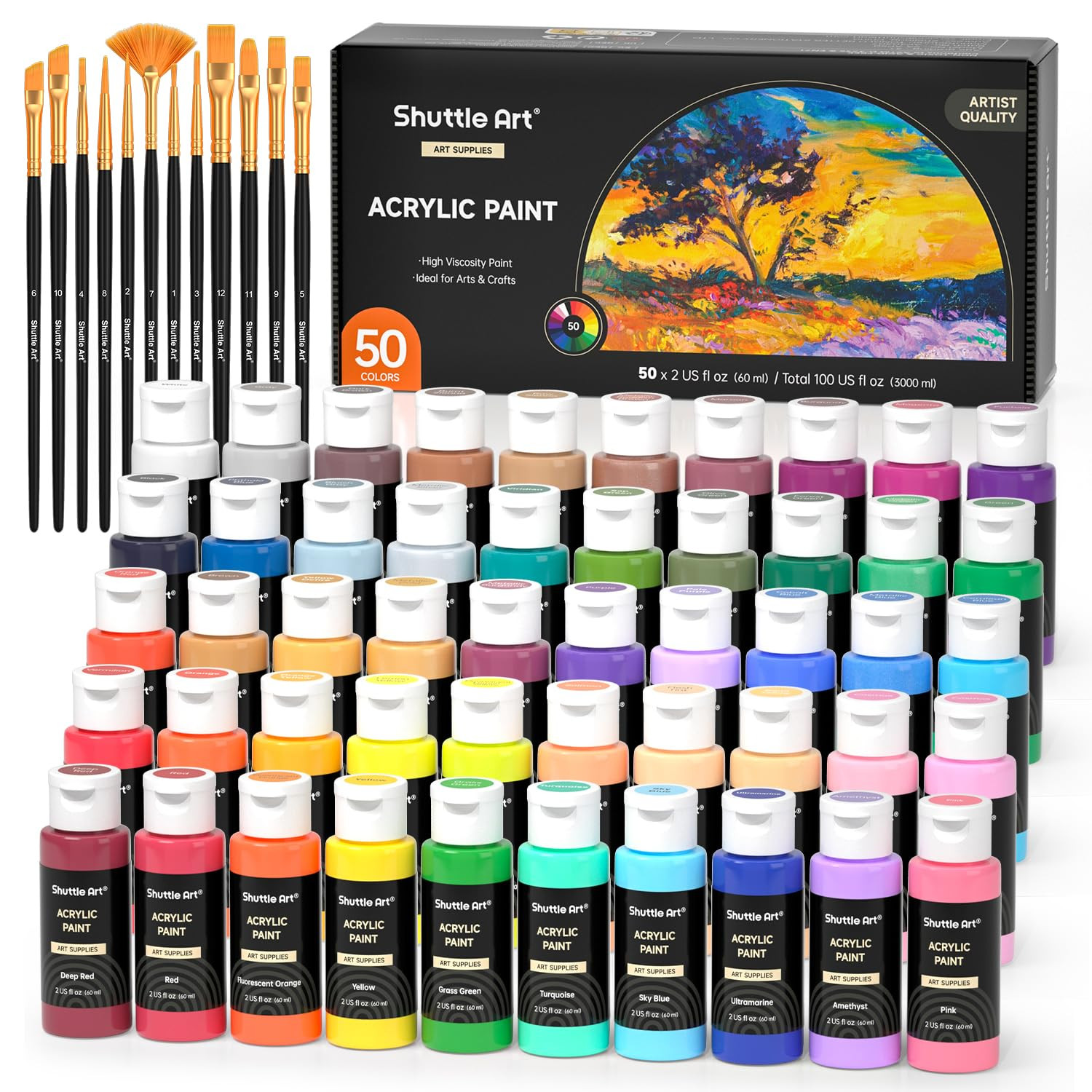 Shuttle Art Acrylic Paint, 50 Colors Acrylic Paint Set, 2oz/60ml Bottles, Rich Pigments, Water Pr... | Amazon (US)