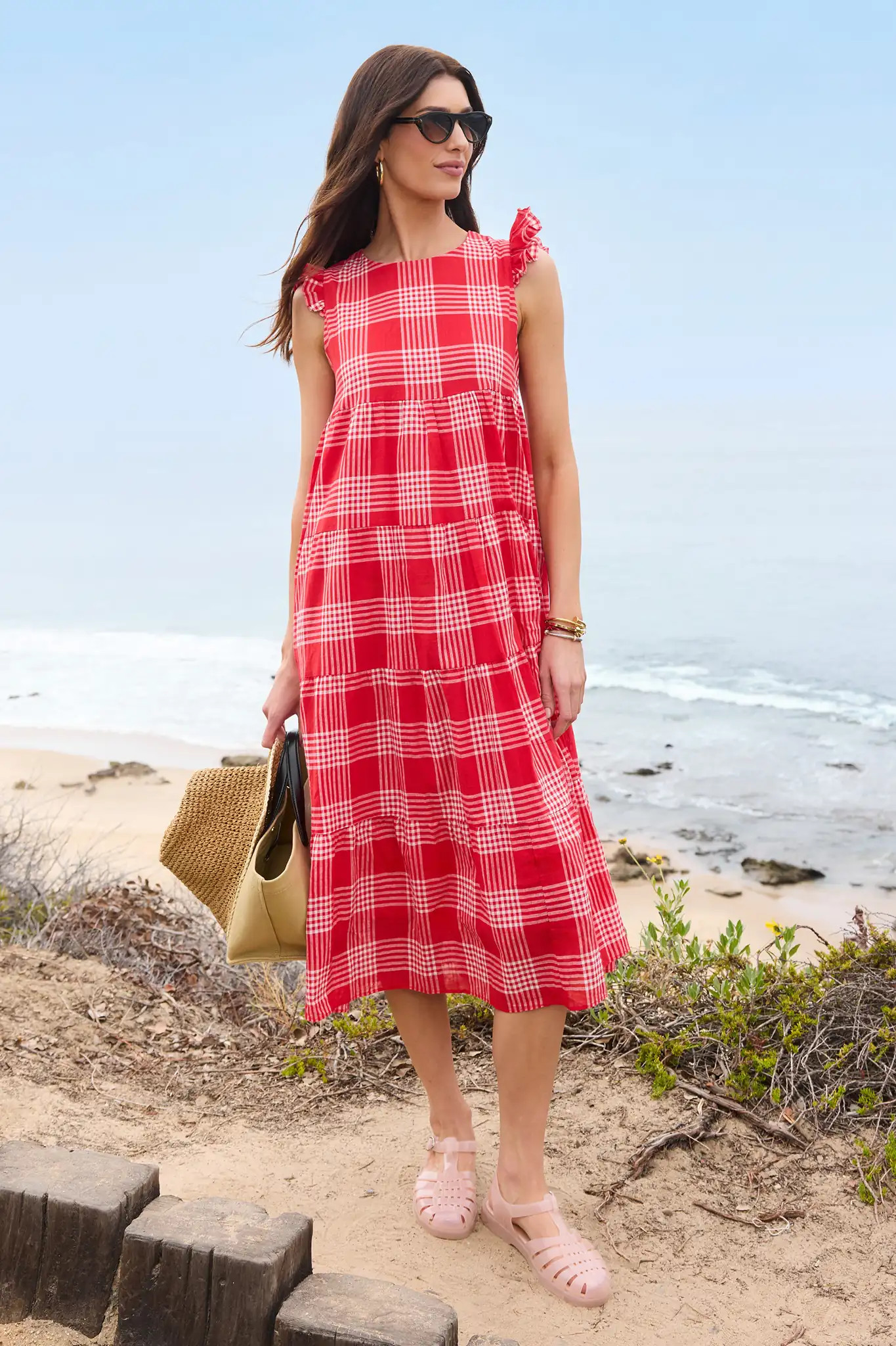 Red Plaid Flutter Sleeve Midi Dress | Avara