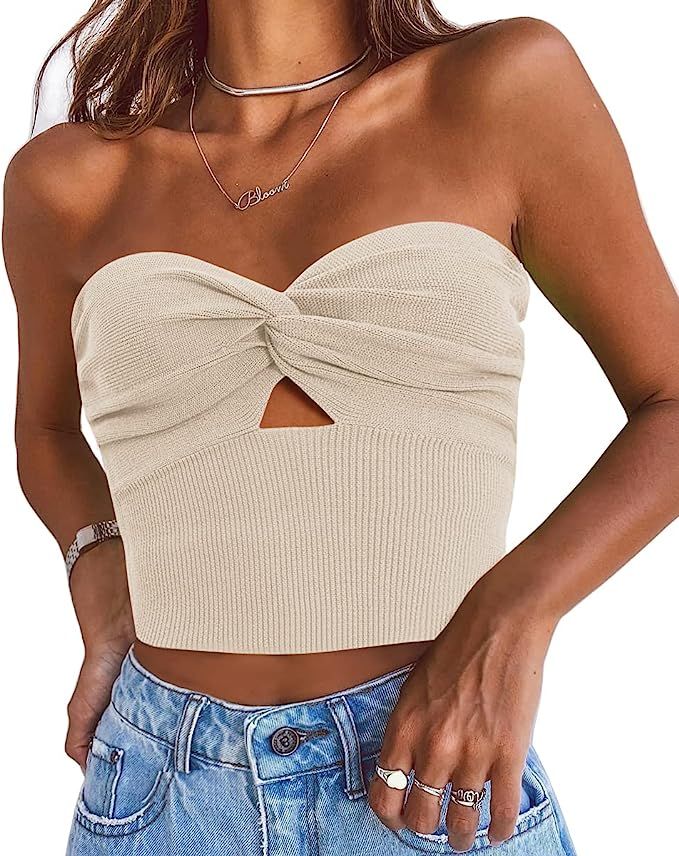 EFAN Womens Cut Out Twist Knot Front Tube Tops Bandeau Ribbed Knit Y2K Sexy Strapless Crop Tank B... | Amazon (US)