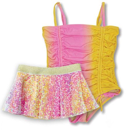 Sunset Ombre Girls Ribbed One Piece Swimsuit with Daisy Paillette Skirt 3-10 | Shade Critters