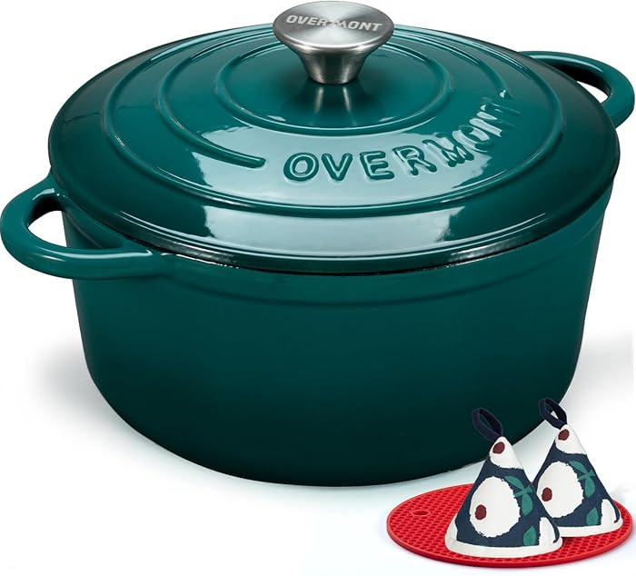 Overmont Enameled Cast Iron Dutch Oven - 7QT Pot with Lid Cookbook & Cotton Potholders - Heavy-Du... | Amazon (US)