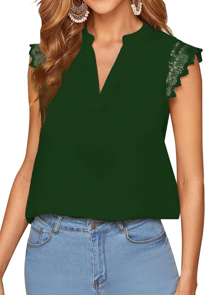 LYANER Women's Elegant Notch V Neck Lace Trim Cap Sleeve Blouse Shirt Sleeveless Top | Amazon (US)