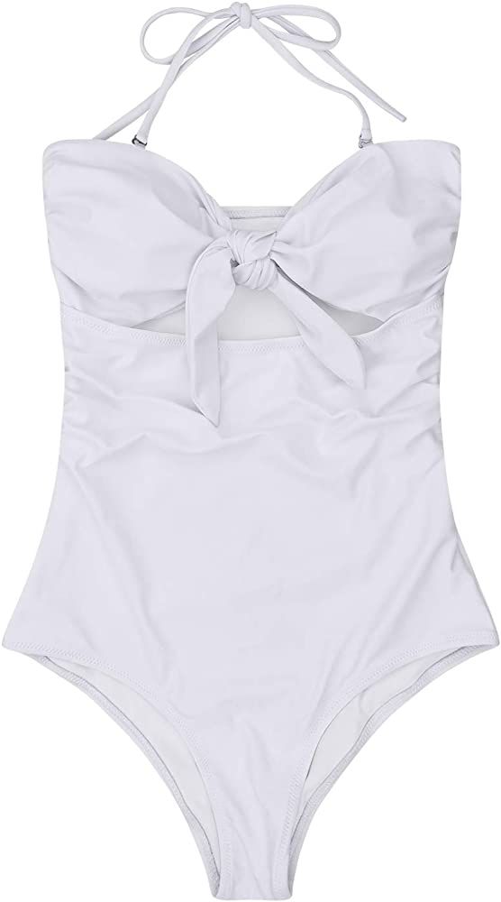 QINSEN Womens Sexy Strapless Tie Knot Front High Waist One Piece Swimsuit | Amazon (US)