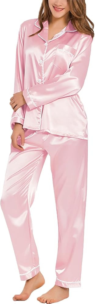 SWOMOG Womens Silk Satin Pajamas Loungewear Two-piece Sleepwear Button-Down Pj Set | Amazon (US)