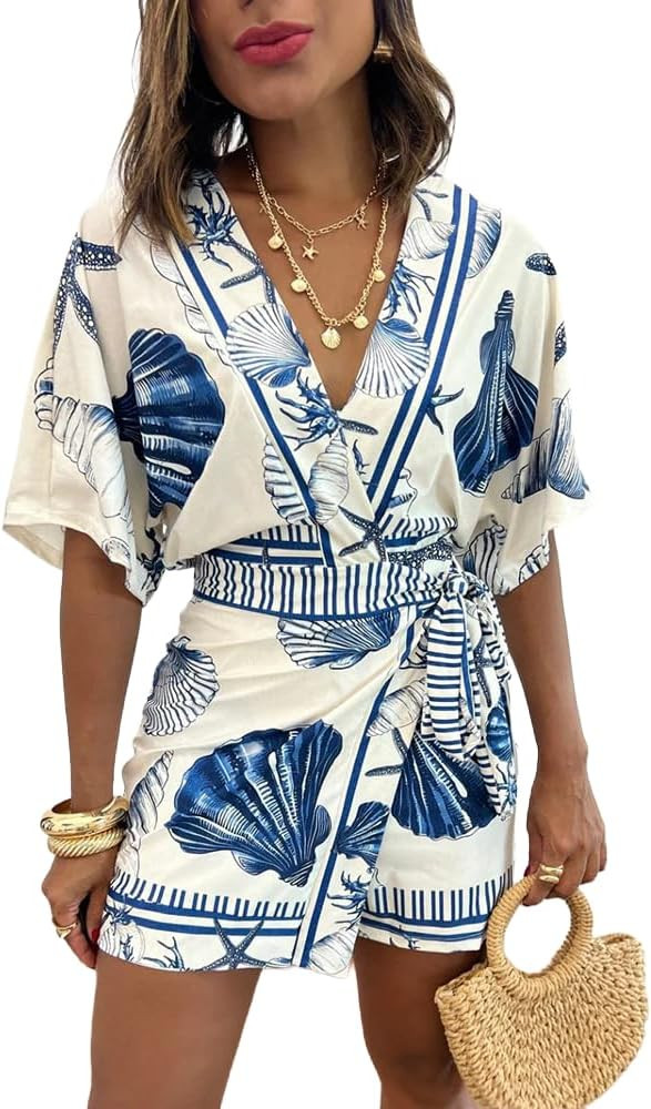 THLAI Womens Short Sleeve V Neck Seashell Print Wrap Tie Waist Skort Romper One Piece Outfits wit... | Amazon (US)