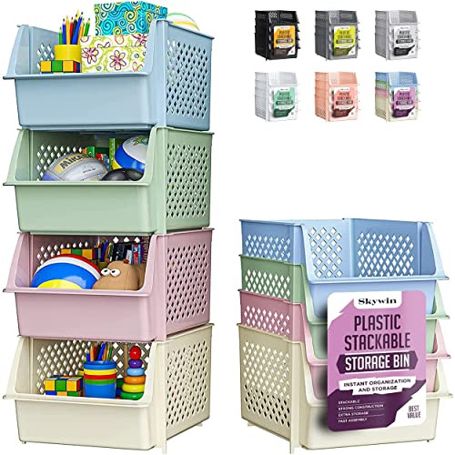Skywin TidyFriend Stackable Storage Bins for Pantry, 4 Pack Stackable Bins For Organizing Food, Kitchen, and Bathroom Essentials (MultiColor) | Amazon (US)