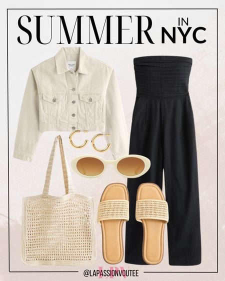 City-cool meets casual elegance. Layer a trendy crop denim jacket over a breezy linen strapless jumpsuit for effortless style. Add flair with hoop earrings and chic sunglasses. Carry your essentials in a sleek tote bag and slip into comfy slide sandals for a look that's both chic and relaxed. #UrbanChic #EffortlessStyle

#LTKSeasonal #LTKstyletip