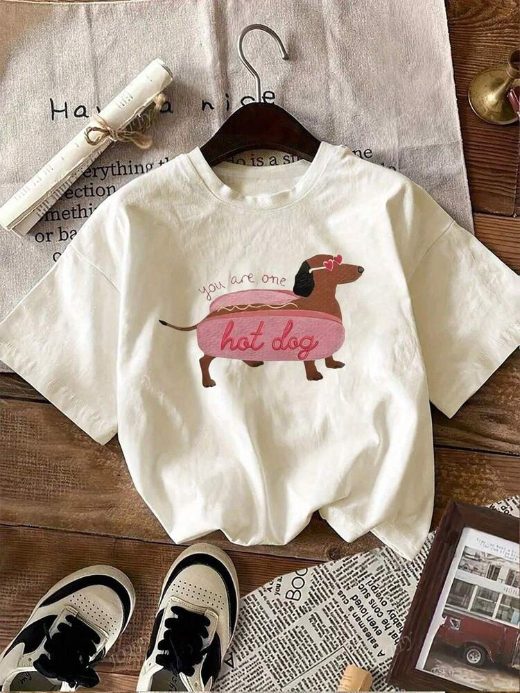 Women's Casual Dachshund Graphic Print Round Neck Short Sleeve T-Shirt, Spring Outfits | SHEIN