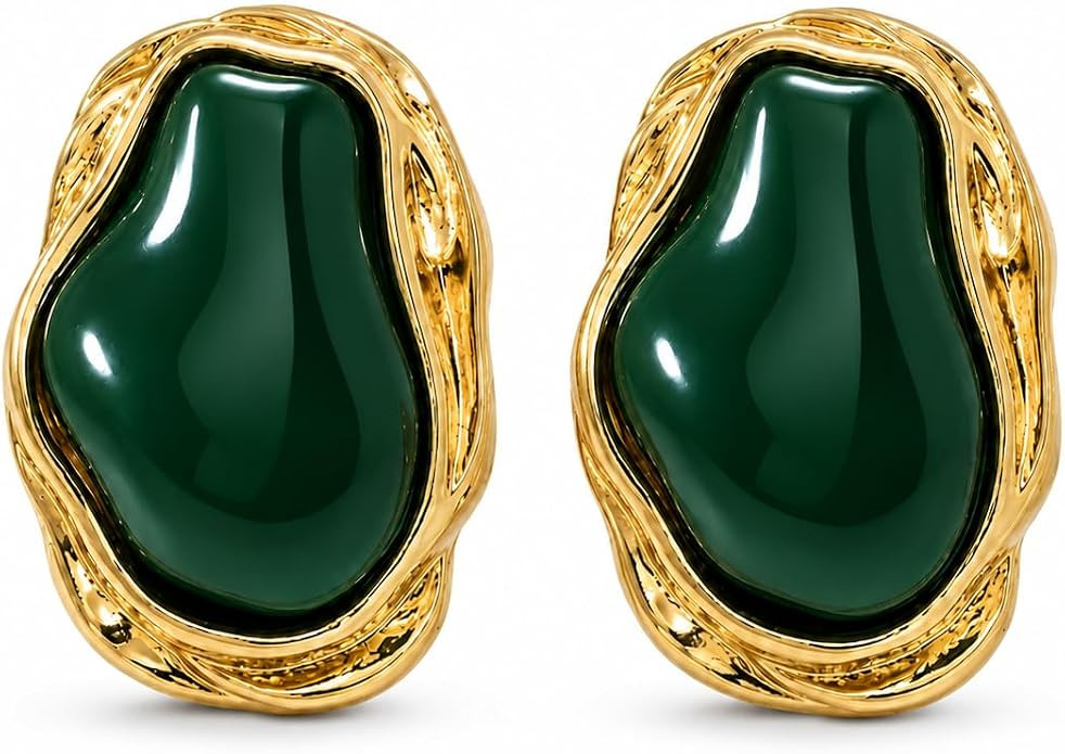 Green Earrings for Women Trendy Chunky Gold Earrings Vintage Green Stud Earrings Irregular Statem... | Amazon (US)