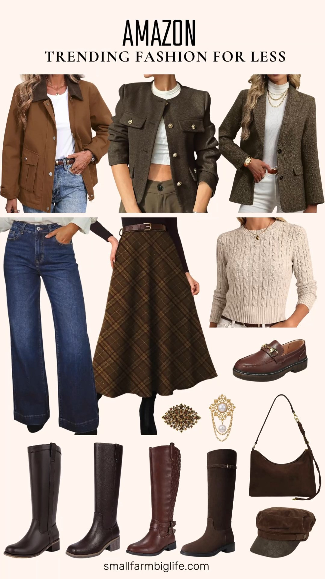 This season's trend takes classic equestrian style and gives it a harder, more adventurous edge. Think tweed blazers, riding boots, vintage brooches, and rich chocolate brown suede layered over quiet luxury basics.

Start with an oversized padded barn jacket in brown with a corduroy collar for easy layering, or reach for a cropped tweed blazer in coffee brown for something more polished. A wool blend herringbone tweed blazer brings in the classic gentry tailoring this trend is built on, and a vintage pearl brooch or an art deco crystal rhinestone brooch pin adds the finishing touch to any coat or blazer lapel.

For footwear, chunky block heel knee high boots in chocolate brown leather or suede nail the modern riding boot look, and a pair with a buckle strap or metal rivet detail leans even further into the renegade edge. A newsboy cap in faux suede mocha brown rounds out the equestrian silhouette.

Underneath, high waisted wide leg denim in dark indigo blue or a plaid flared midi skirt both work with this trend, along with a lightweight cable knit cropped sweater in almond for easy layering. Finish with a small suede hobo bag in chocolate brown or a pair of coffee brown leather penny loafers for an easy, put together fall look.

#barnjacket #equestrianstyle #fallfashion #tweedblazer #ridingboots 

 #LTKootd #LTKOver40 #LTKWorkwear