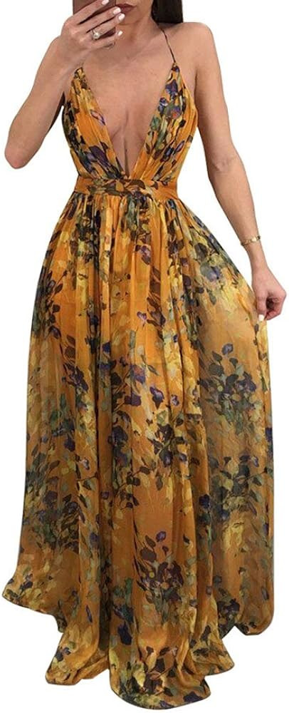 Womens Sexy Spaghetti Strap Deep V Neck Floral Boho Criss Cross Backless Chiffon Beach Party Long... | Amazon (US)