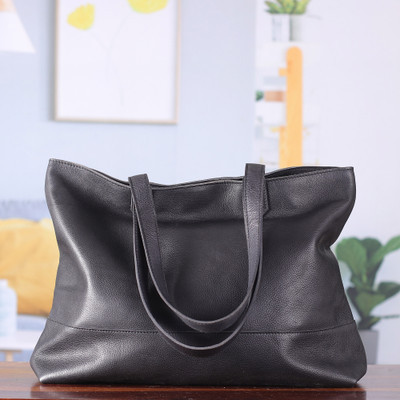 Handcrafted Black Leather Tote Bag with Magnetic Closure | NOVICA