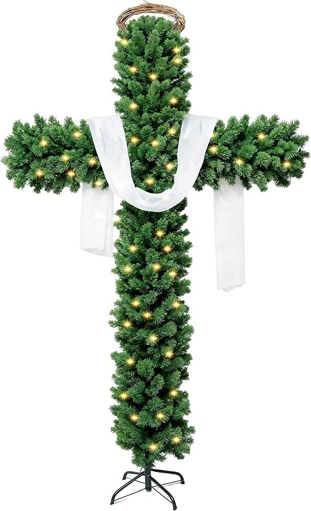 6ft Skinny Cross Christmas Tree with 33ft Plug-in String Lights(100 Bulbs) & White Silk Scarf & C... | Amazon (US)