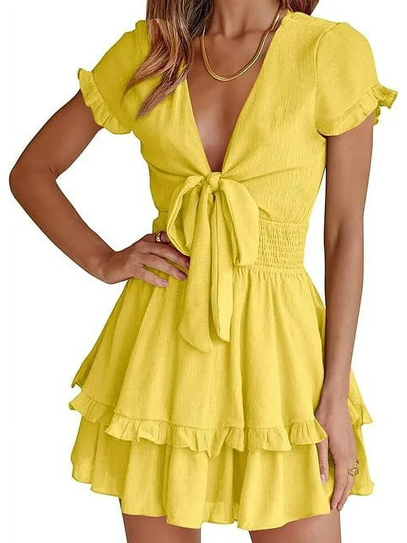 PRETTYGARDEN Women Summer Short Dress V Neck Short Sleeve Tiered Mini Sun Dresses Casual Beach Va... | Walmart (US)
