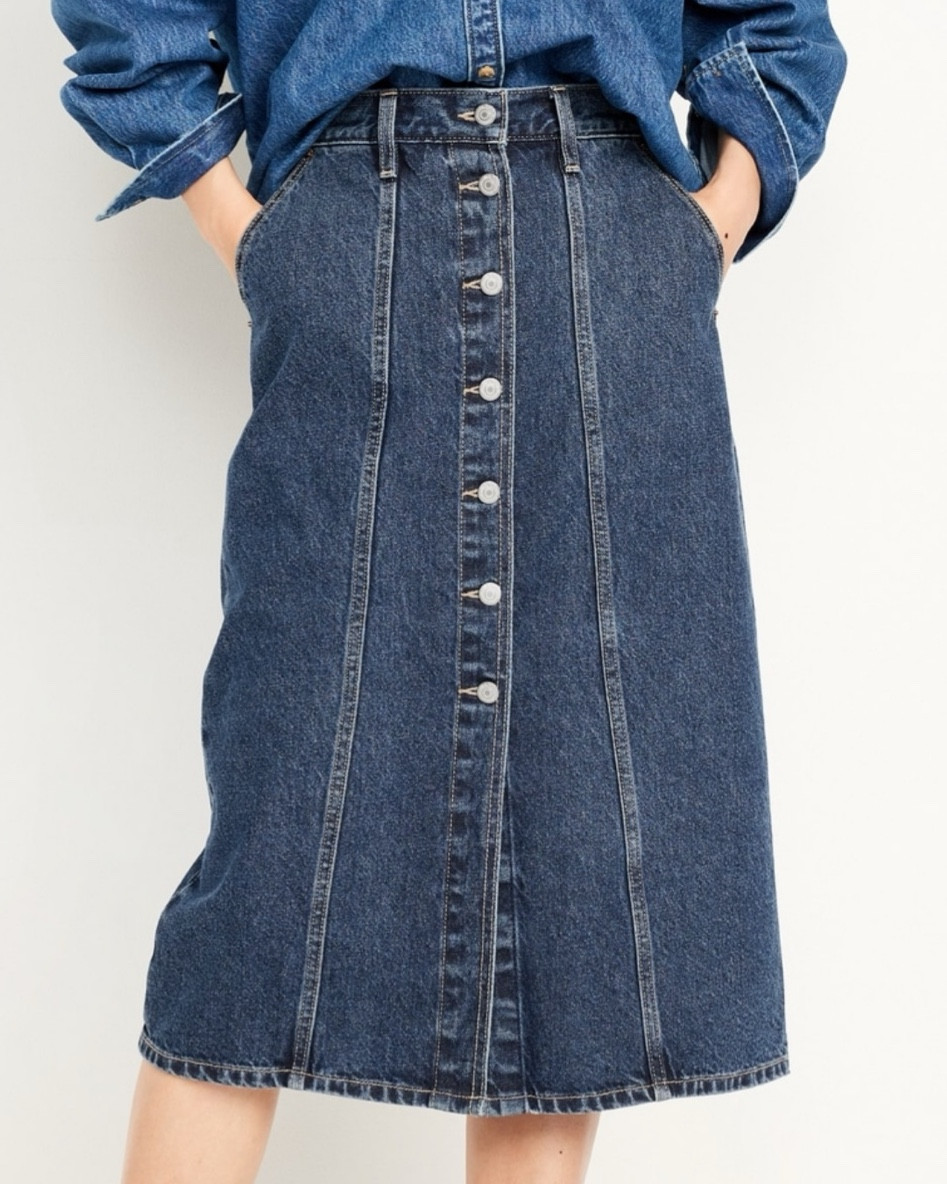 Denim skirt, midi skirt, denim, button up skirt, fall fashion, fall skirt, autumn skirt, autumn apparel, 

#LTKStyleTip #LTKFindsUnder50 #LTKOver40