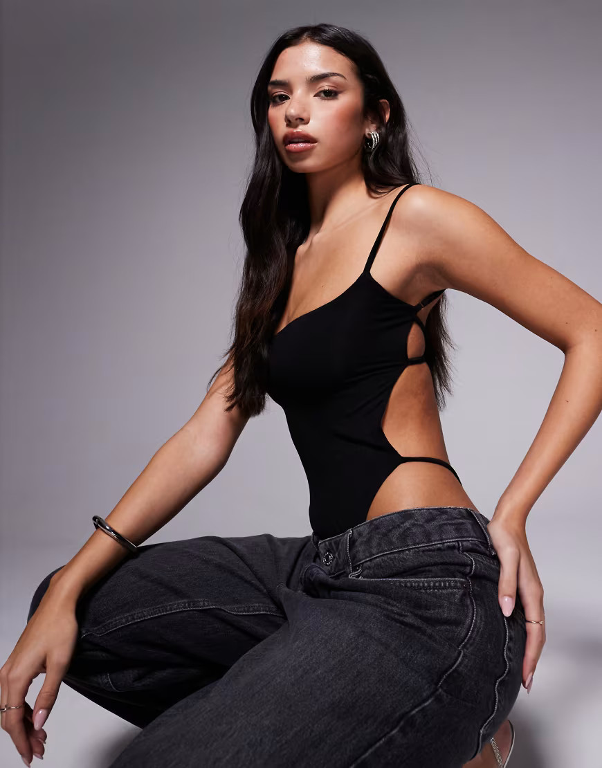 Tiger Mist Minerva square neck slinky cami strappy thong detail bodysuit in black | ASOS (Global)