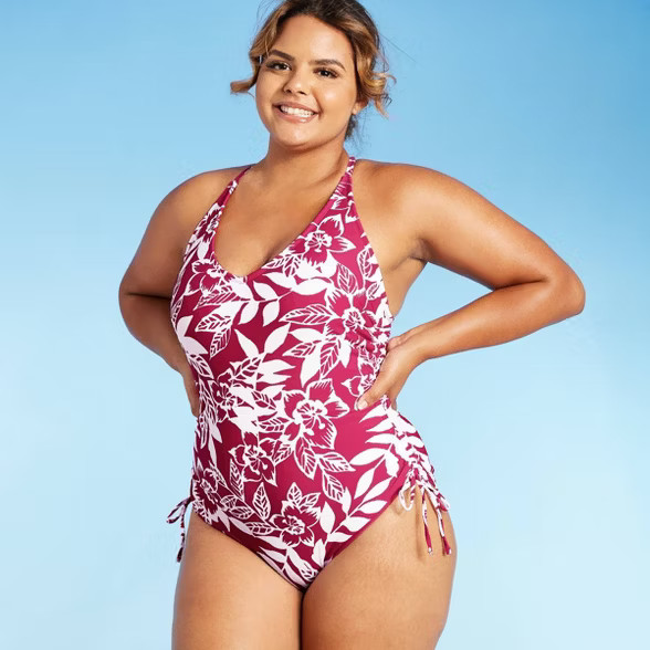 Women's Bi-Color Side-Cinch Tropical Modern One Piece Swimsuit - Kona Sol™ Pink | Target