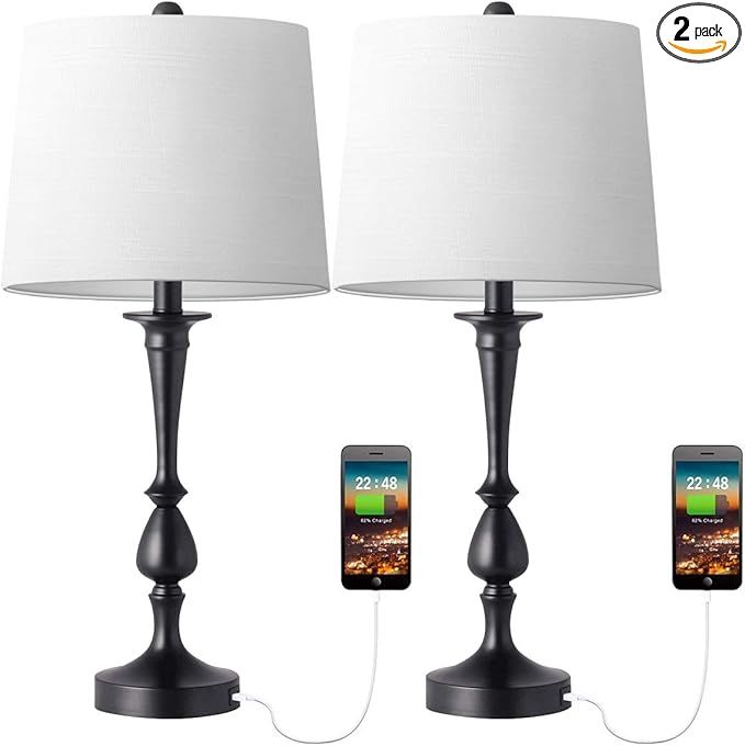 Oneach USB Table Lamp Set of 2 Modern Bedside Desk Lamps for Bedroom Living Room Office 25" Black... | Amazon (US)