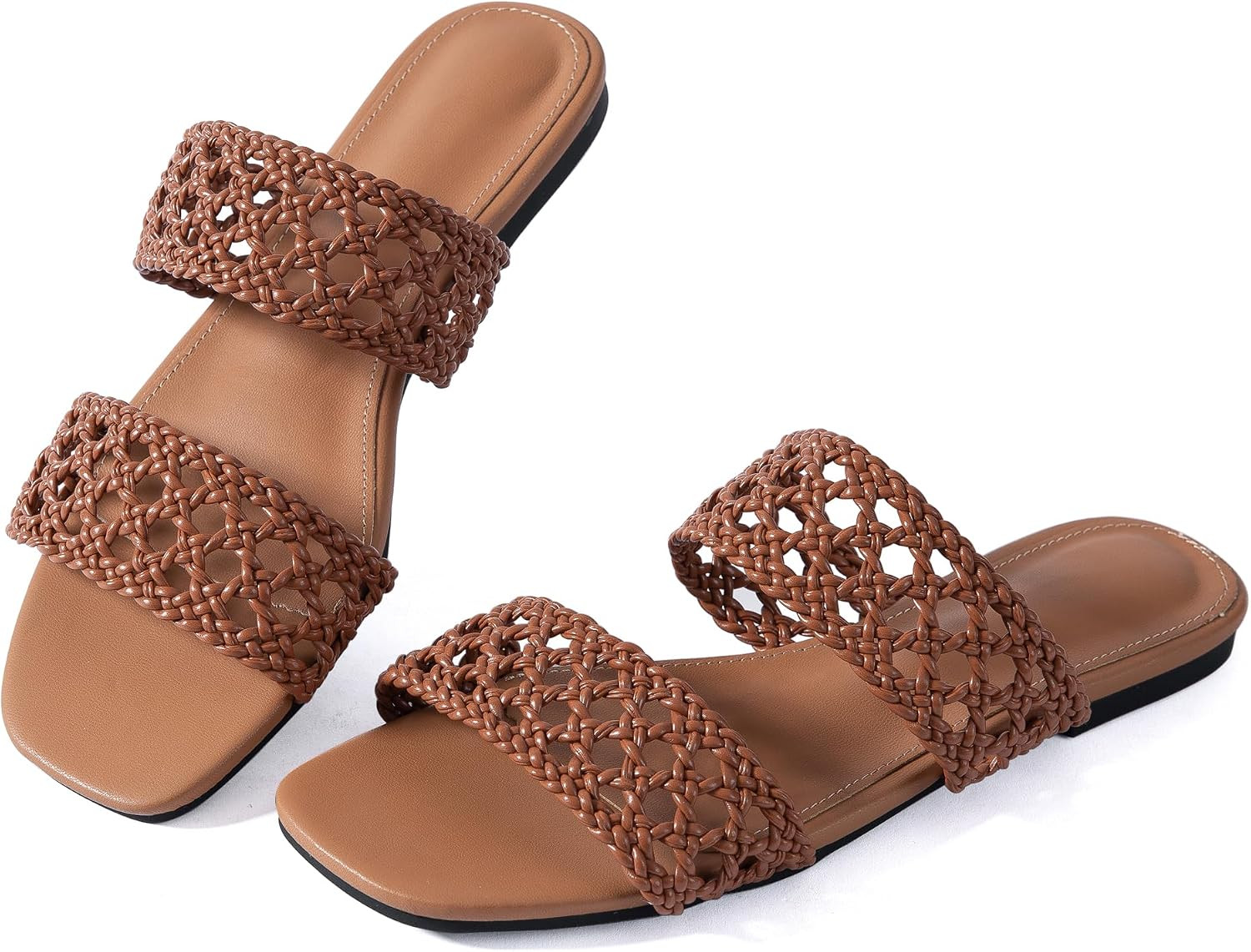 Women Flat Sandals Summer Hollow Braided Double Strap Beach Slides Vacation Bohemian Breathable Casual Dressy Square Toe for Everyday Essentials | Amazon (US)