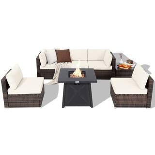 Costway 7-Piece Wicker Patio Conversation Set with Off White Cushion & Fire Pit Table & Cover KYD... | The Home Depot