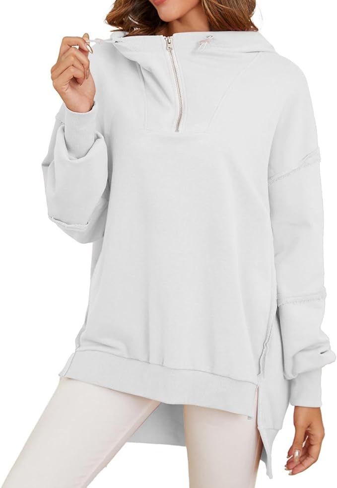 Women’s Quarter Zip Hoodies Long Sleeve Side Slit Sweatshirts Loose Drop Shoulder Drawstring Ho... | Amazon (US)