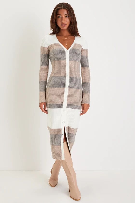 Comfy Darling Ivory Striped Button-Up Midi Sweater Dress | Lulus (US)