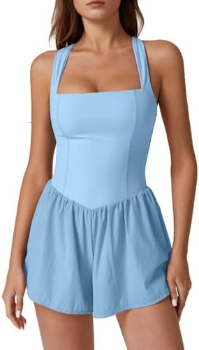 QINSEN Women's Square Neck Sleeveless Romper Jumpsuit Casual Summer One Piece Outfit with Pocket | Amazon (US)