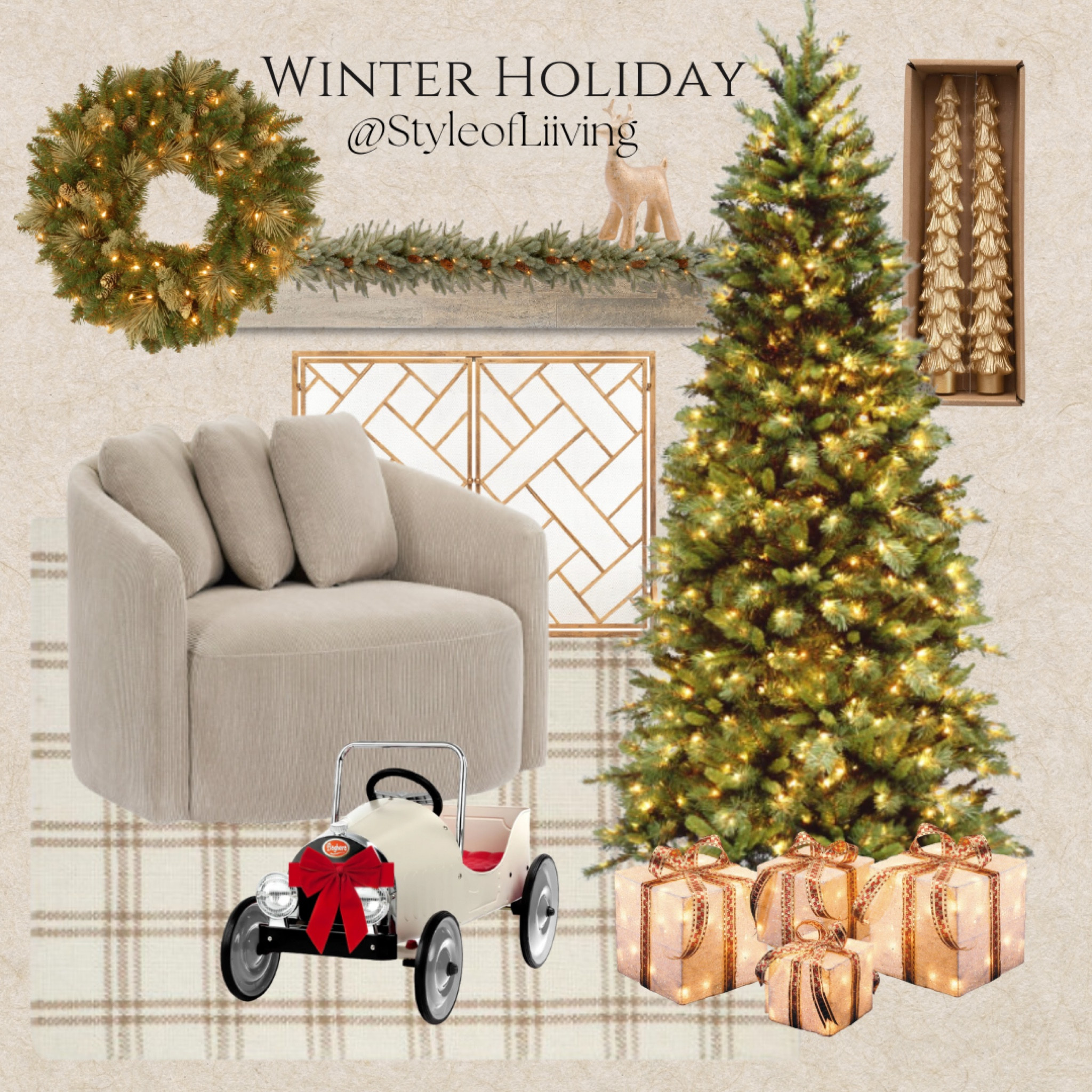 Christmas holiday home decorating. Living room decor. Fireplace styling. Christmas trees. Wreaths. Walmart accent chair. Candles, kid toys, fireplace screen. Reindeer.

#LTKSeasonal #LTKHome #LTKHoliday