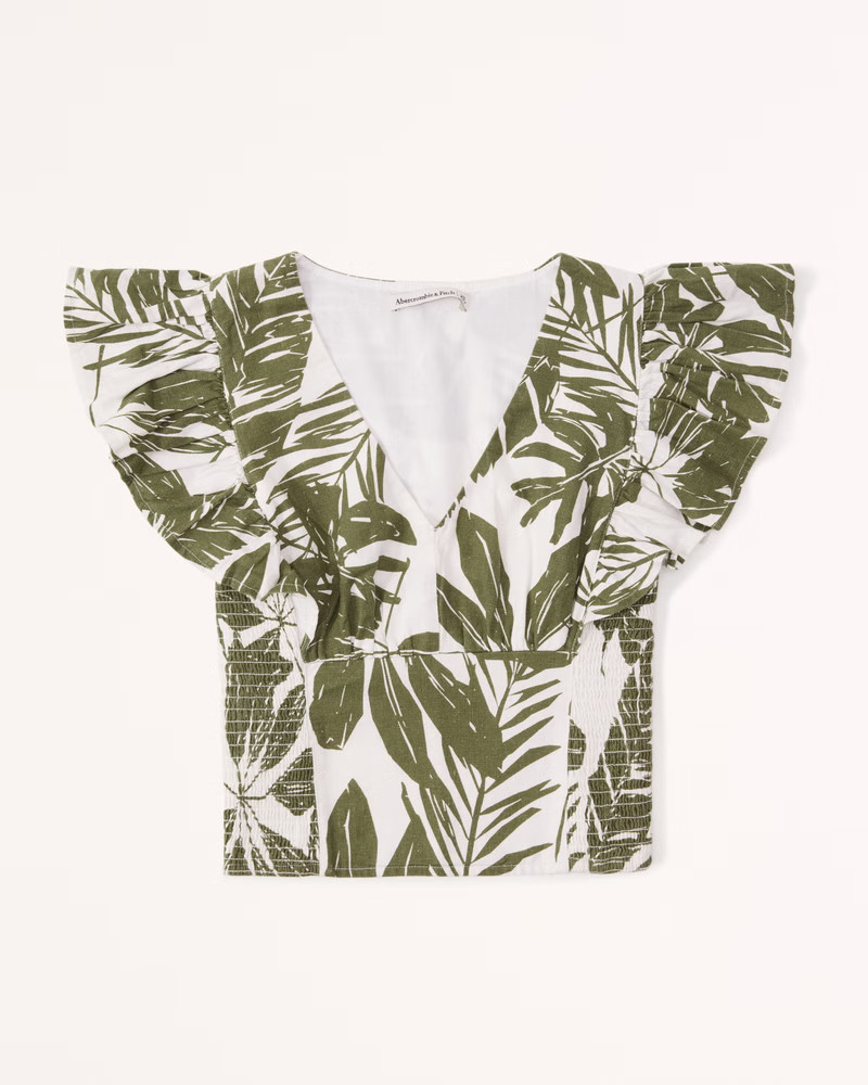 Ruffle Sleeve Linen-Blend V-Neck Top | Abercrombie & Fitch (US)