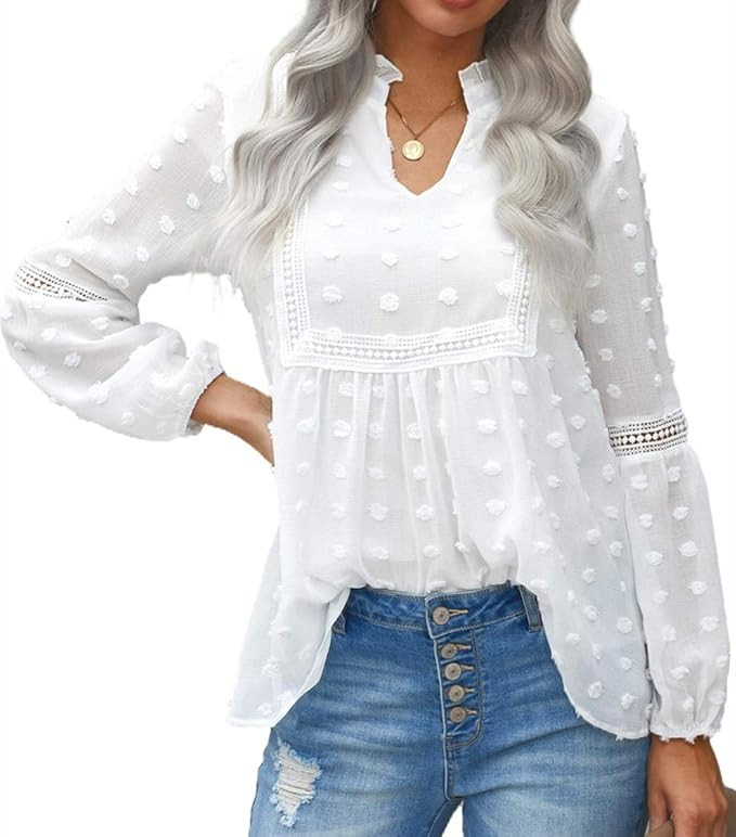 GRACEINES Womens Elegant Chiffon v Neck Blouse Long Sleeve Casual Pom Pom Shirt Swiss Dot Tunic T... | Amazon (US)