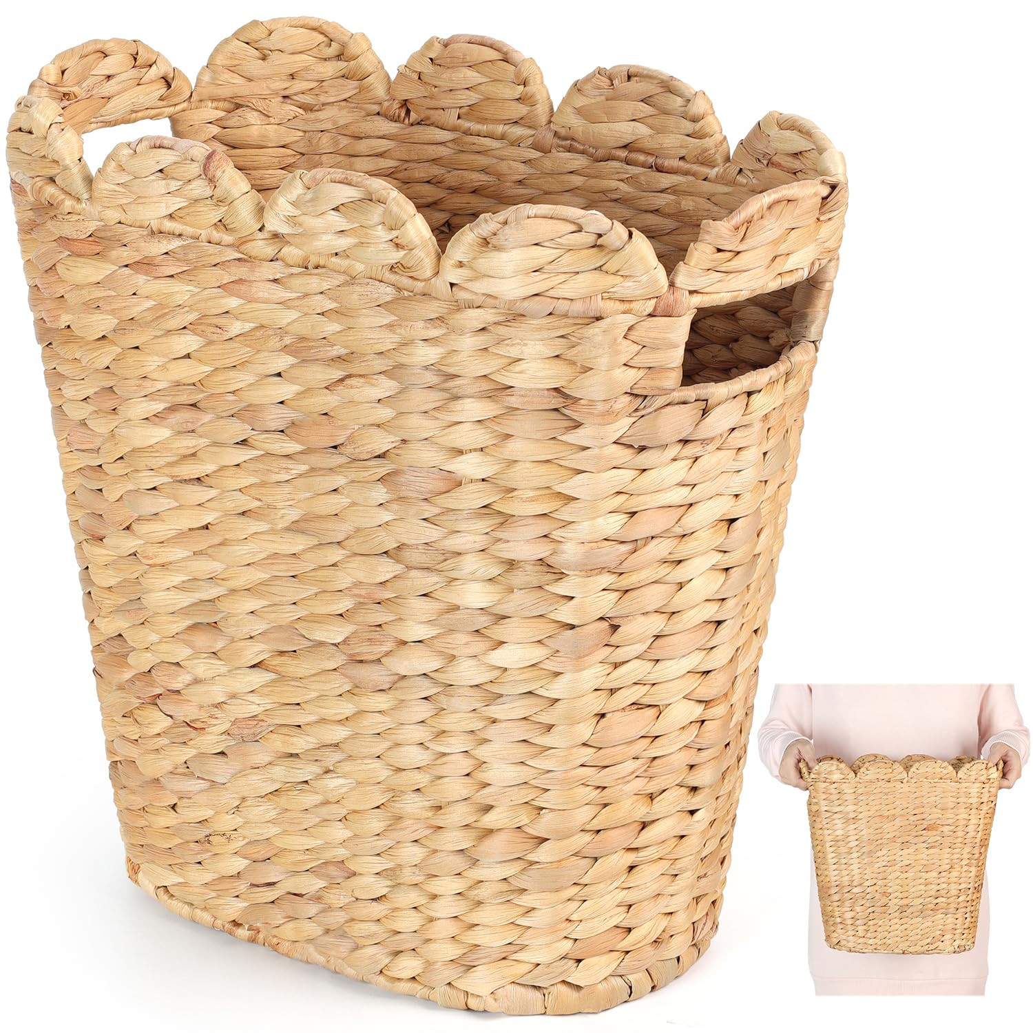 4 Gallon Water Hyacinth Scalloped Oval Wicker Trash Can – Boho Rustic Open‑Top Decorative Was... | Amazon (US)