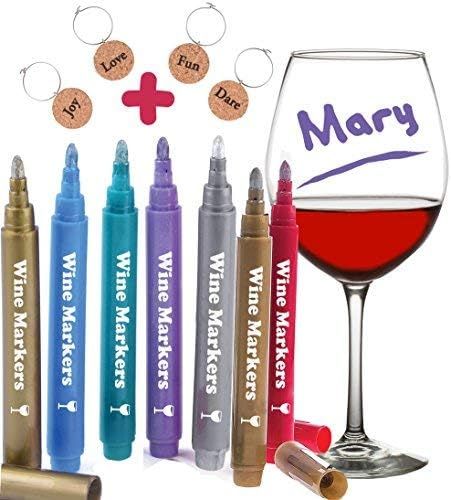 Wine Glass Markers, Pack of 7 By Vaci + 4 Wine Glass Charms, Metallic Color Pens Drink Markers, P... | Amazon (US)