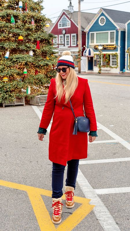 Sharing this holiday outfit and winter layers: beautiful red wool coat, red & blue striped pom pom hat, sherpa lined leather winter boots with red laces, navy leather crossbody bag, Blackwatch flannel shirt, navy fitted corduroy pants. All on sale noww

#LTKHoliday #LTKover40 #LTKsalealert