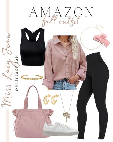 Amazon fall outfit includes yoga pants, pink shacket, cropped tank, tote bag, sneakers, gold necklace, gold earrings, bracelet, hair claw, gold necklace.

Amazon finds, fall outfit, fall fashion, fall finds, Amazon fall fashion

#LTKstyletip #LTKfindsunder50 #LTKshoecrush