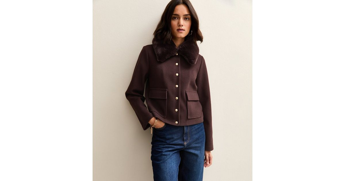 Dark Brown Faux Fur Collar Short Shacket | New Look | New Look (UK)