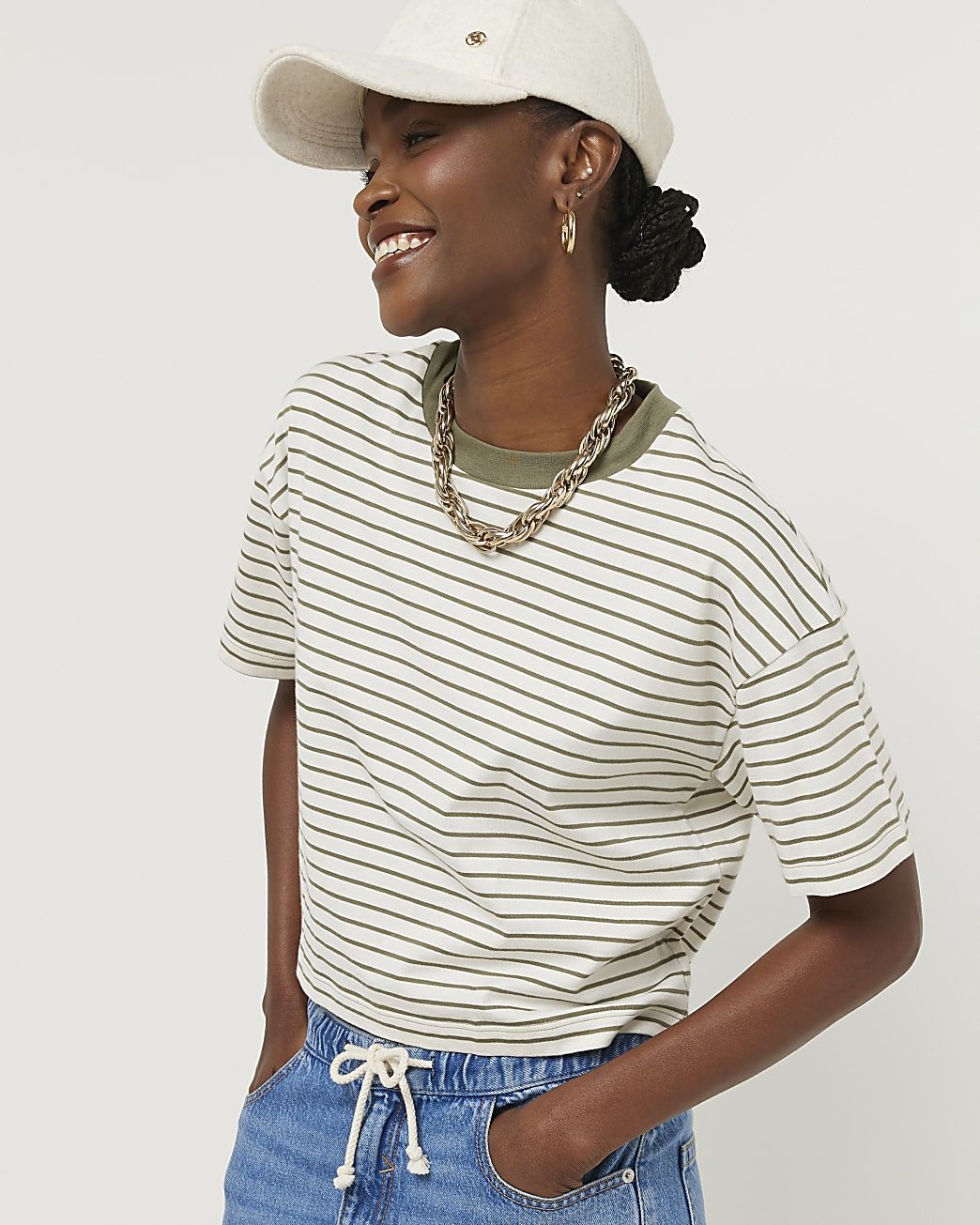 Khaki stripe crop t-shirt | River Island (UK & IE)