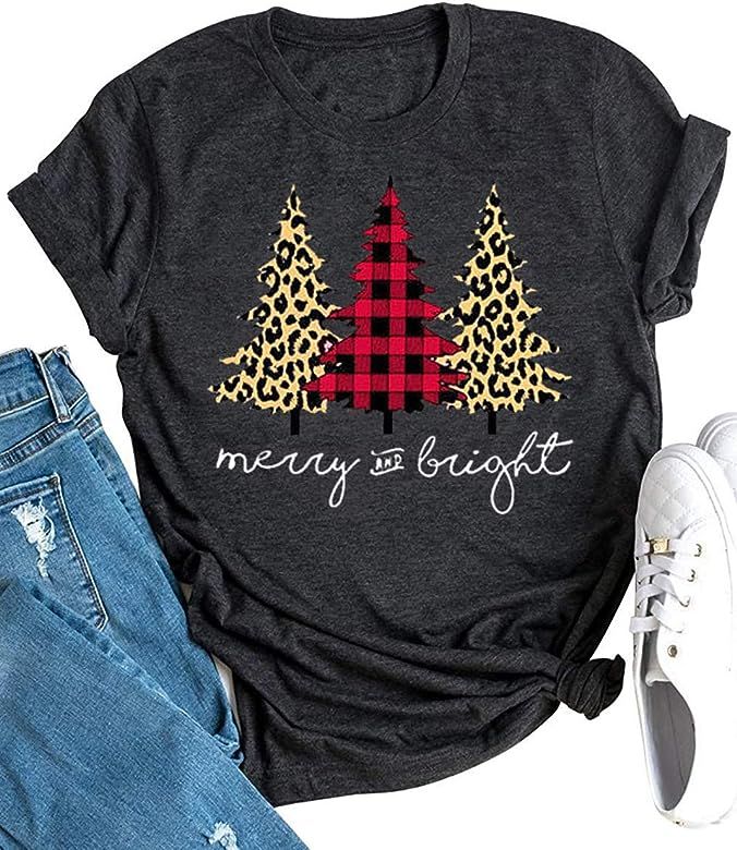 Merry Bright T Shirt Women Leopard Plaid Christmas Tree Shirt Short Sleeve Cute Letter Graphic T ... | Amazon (US)