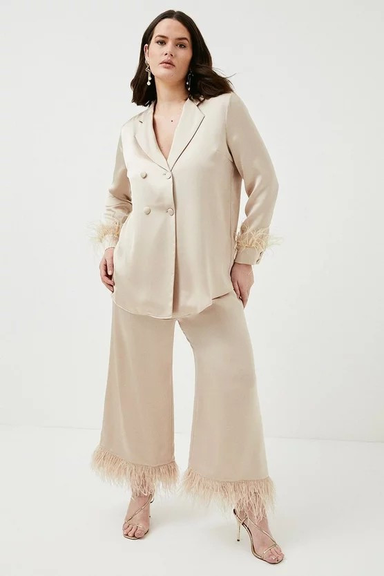 Curve Satin Crepe Feather Trim Trousers | Karen Millen UK & IE