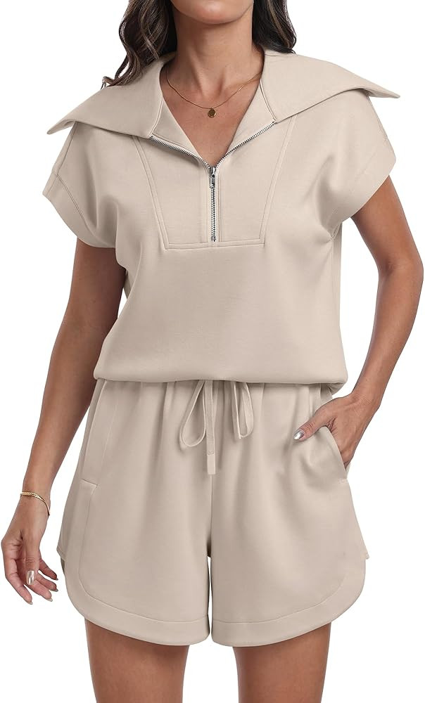 ANRABESS Women 2 Piece Outfits Sweatsuit Half Zip Lapel Collar Short Sleeve Tops Sweat Sho... | Amazon (US)