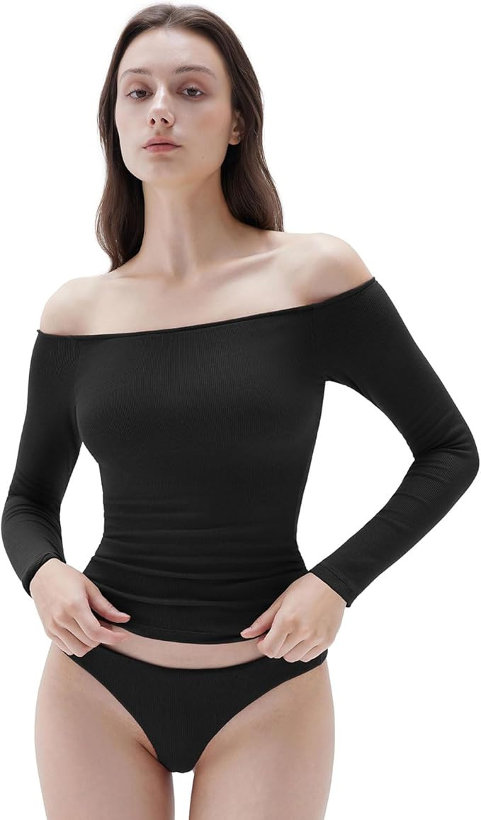 SUUKSESS Women Padded Off The Shoulder Tops Ribbed Long Sleeve Shirts Fall Basic | Amazon (US)