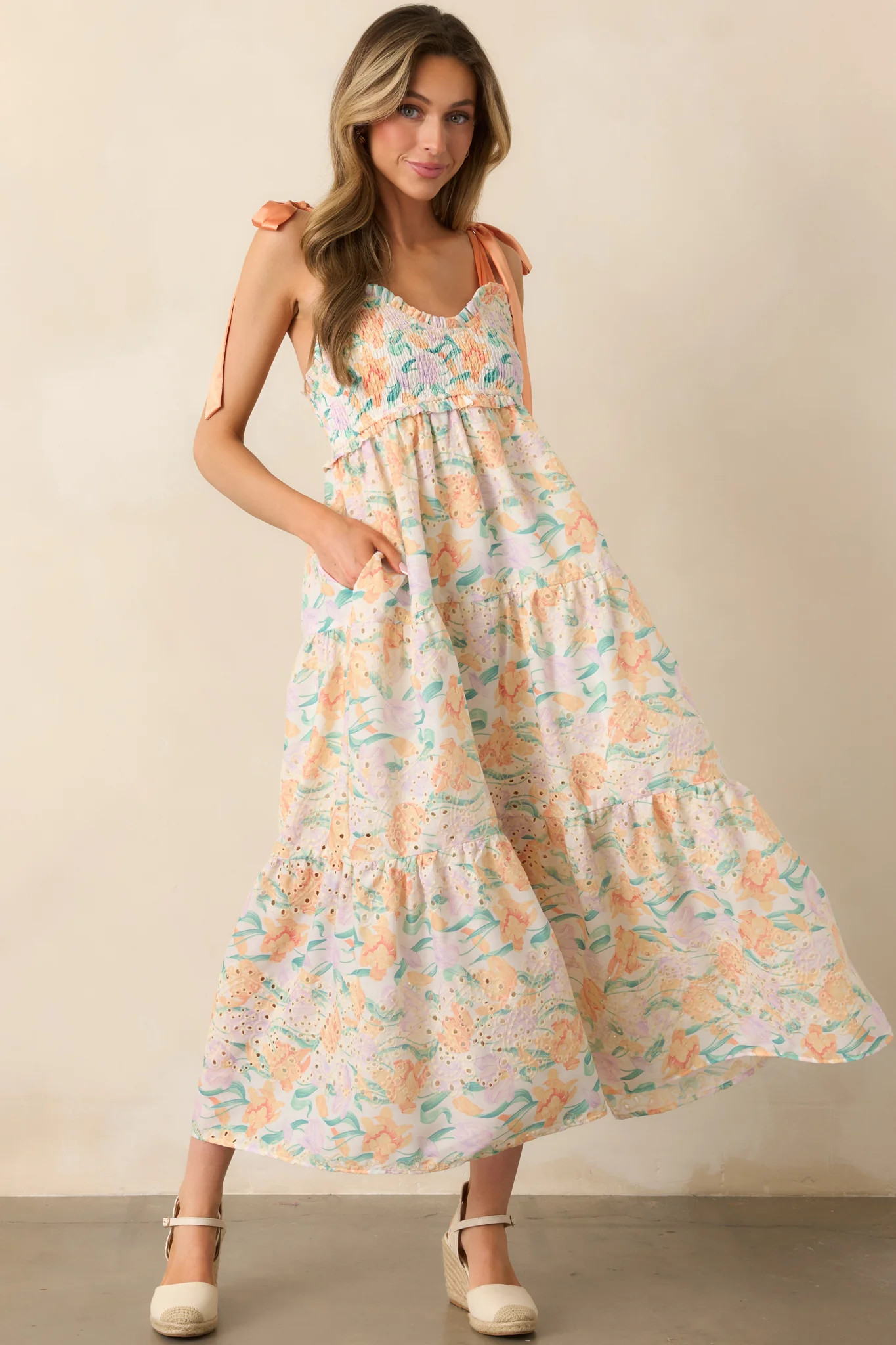 At First Glance Light Orange Embroidered Eyelet Maxi Dress | Red Dress