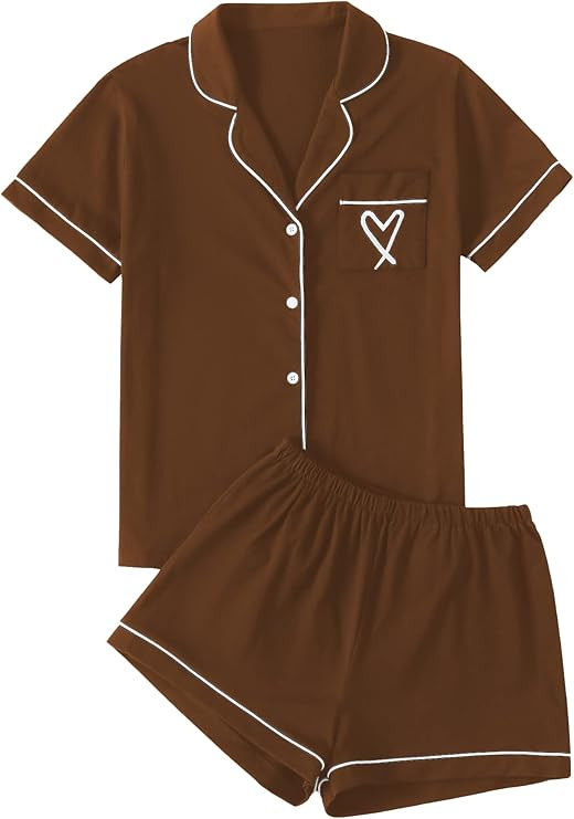 LYANER Women's Pajamas Set Heart Print Button Short Sleeve Shirt with Shorts Sleepwear PJs Set | Amazon (US)