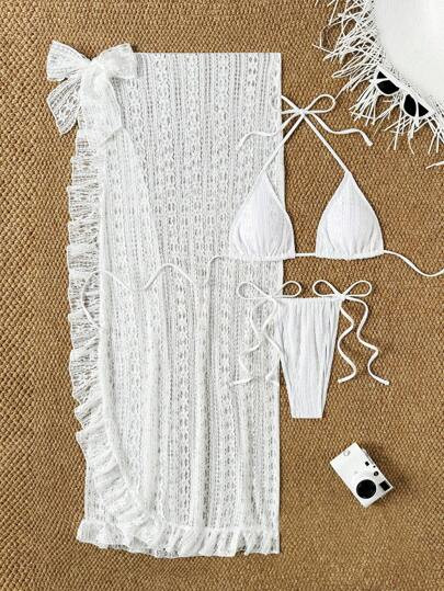 Swim Mod 3pcs Spring Break White Lace Triangle Halter Sexy Summer Beach Vacation Bikini Set Swims... | SHEIN